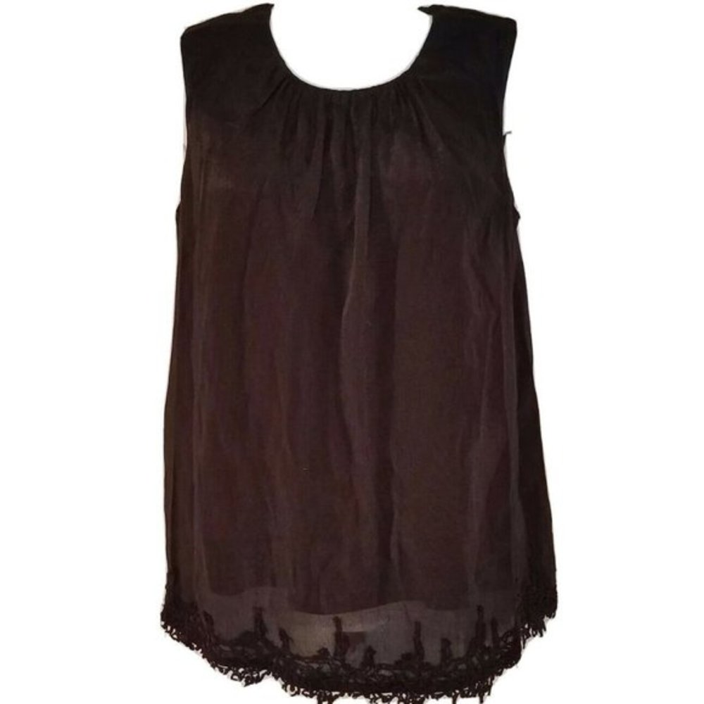 Coldwater Creek Scoop Neck Sleeveless Lace Hem Cotton Black Tank Size XS